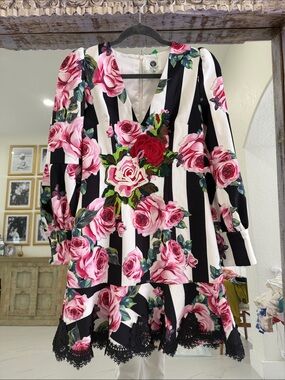 Floral Stripe Mini Dress with Lace Trim - Pink/Black